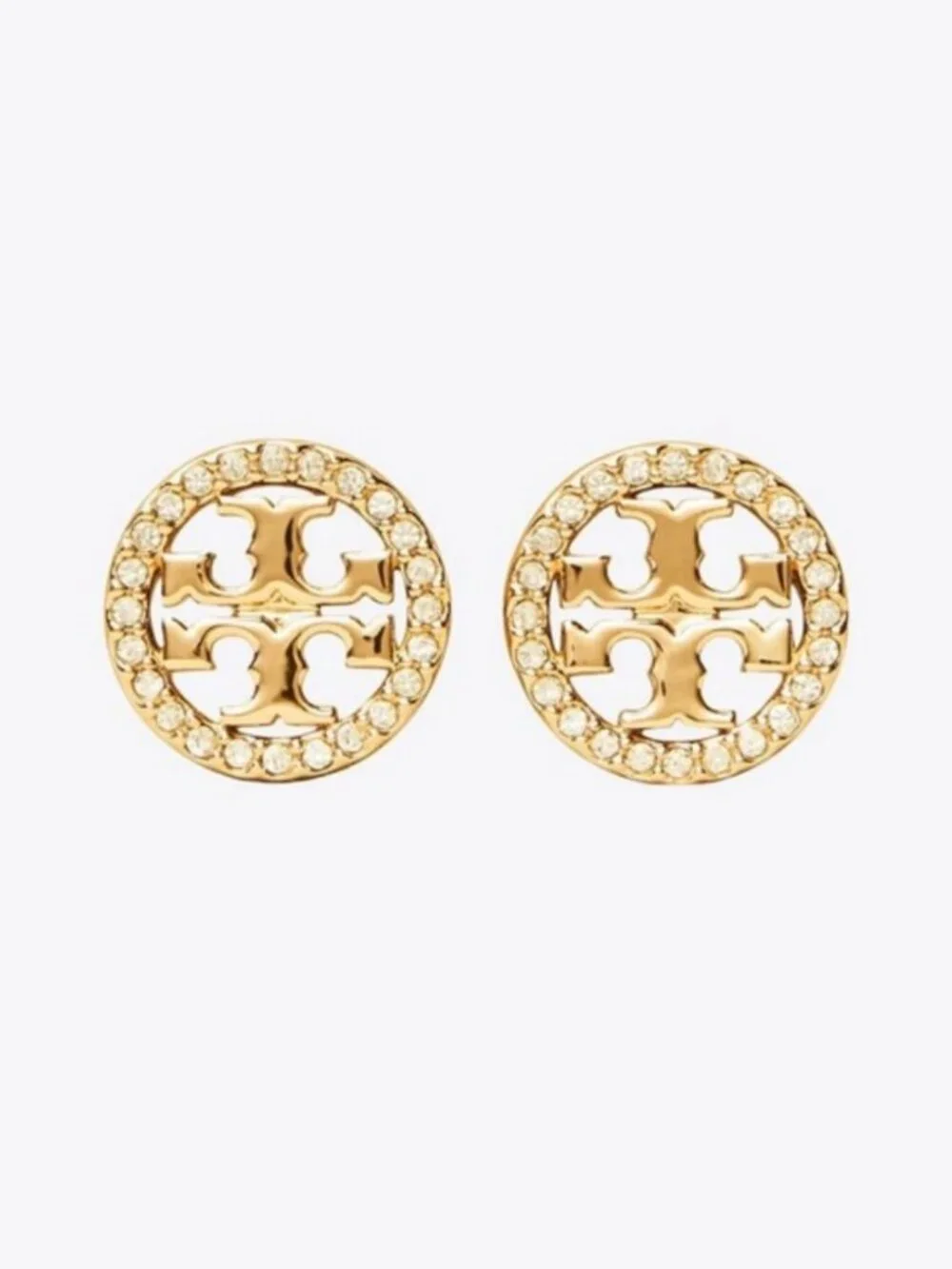 Tory Burch Miller Crystal Logo Stud Earrings Gold Tone Pavé Double T Earrings